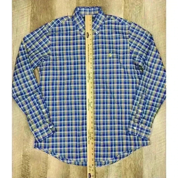 Ralph Lauren Men’s Medium Plaid Check Pony Logo Shirt Yellow Blue L/S - Picture 6 of 8